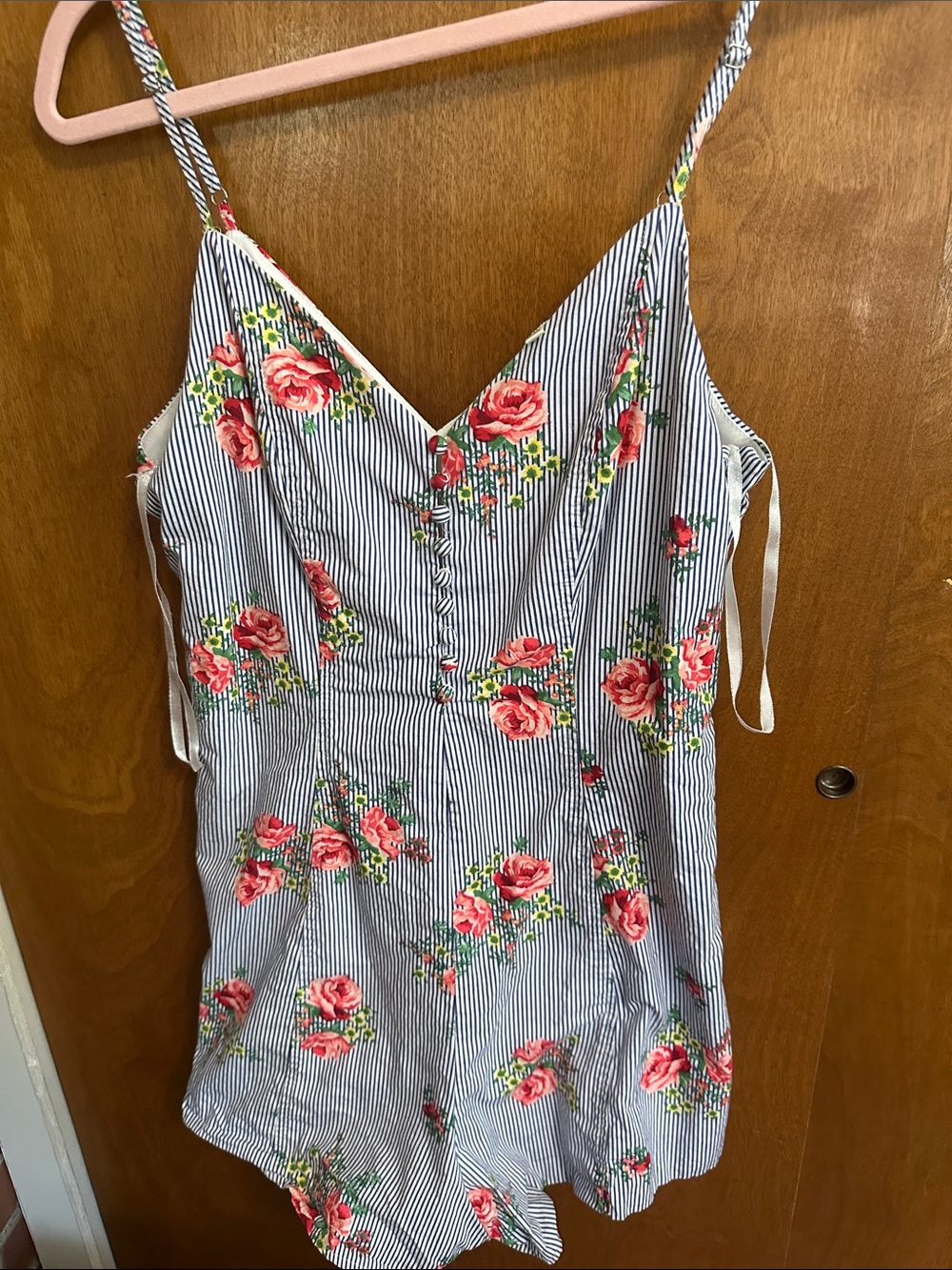 love J Blue and White Striped Romper with Pink Rose Print